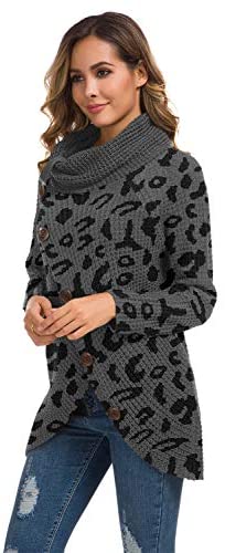 Women's Solid Color Chunky Button Pullover Sweater Turtle Cowl Neck Asymmetric Hem Knit Sweater