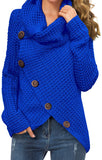 Women's Solid Color Chunky Button Pullover Sweater Turtle Cowl Neck Asymmetric Hem Knit Sweater