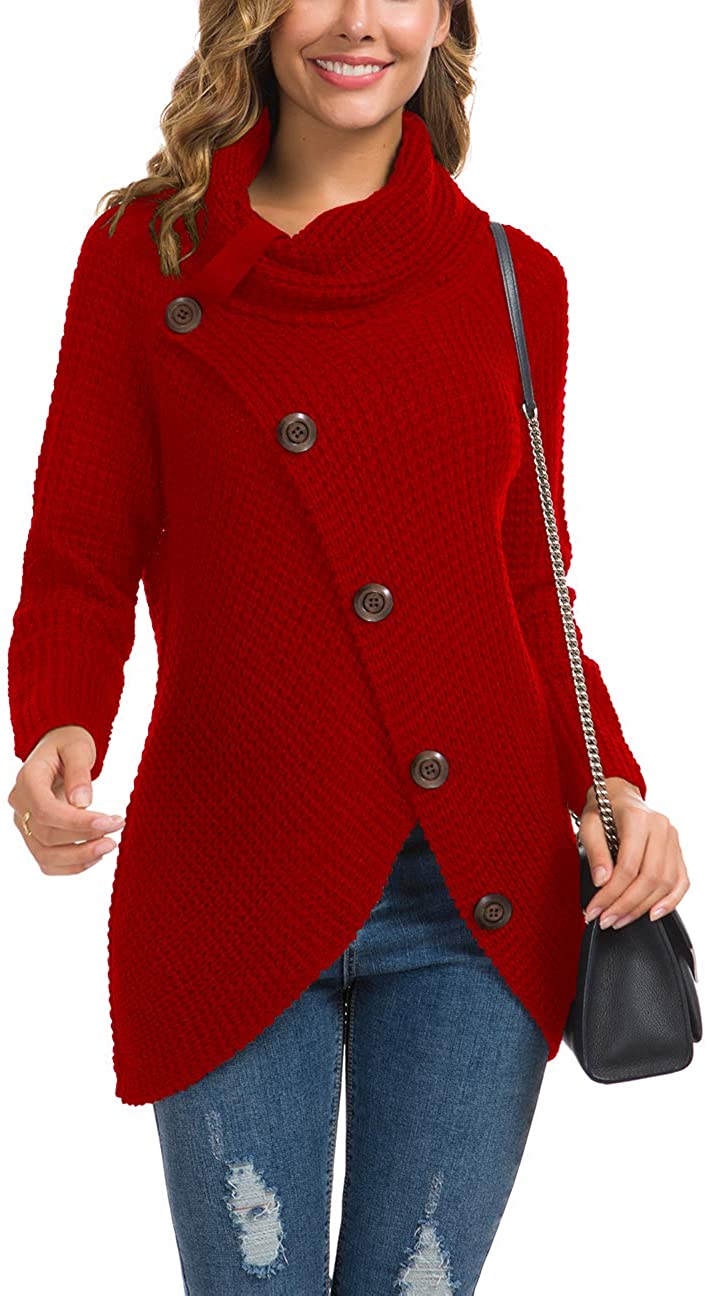 Women's Solid Color Chunky Button Pullover Sweater Turtle Cowl Neck Asymmetric Hem Knit Sweater