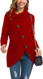 Women's Solid Color Chunky Button Pullover Sweater Turtle Cowl Neck Asymmetric Hem Knit Sweater