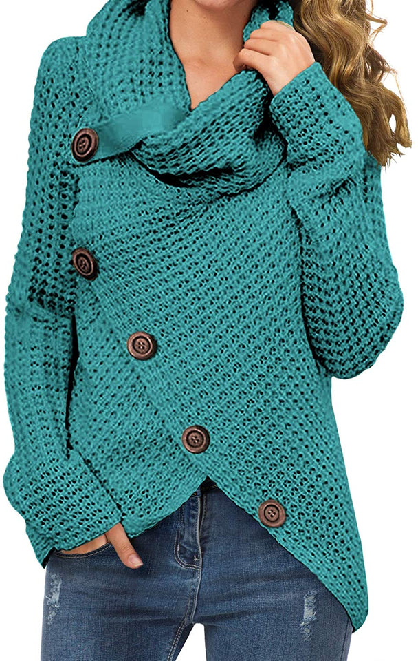 Women's Solid Color Chunky Button Pullover Sweater Turtle Cowl Neck Asymmetric Hem Knit Sweater