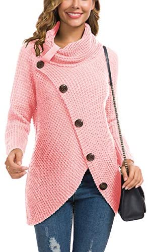 Women's Solid Color Chunky Button Pullover Sweater Turtle Cowl Neck Asymmetric Hem Knit Sweater