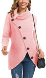 Women's Solid Color Chunky Button Pullover Sweater Turtle Cowl Neck Asymmetric Hem Knit Sweater