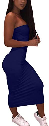 Women's Basic Sleeveless Tube Top Sexy Strapless Bodycon Midi Club Dress