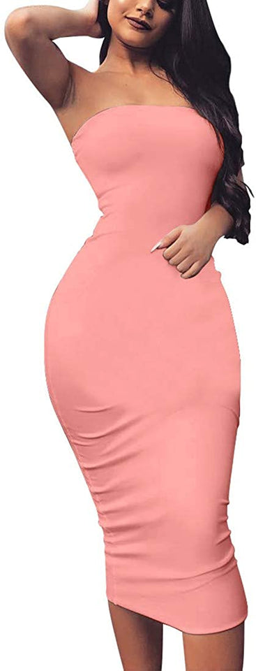 Women's Basic Sleeveless Tube Top Sexy Strapless Bodycon Midi Club Dress