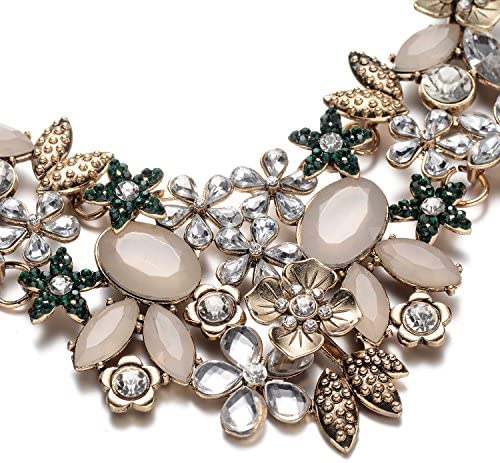 Antique Gold Bib Statement Necklace with Crystal Flower Cluster for Women Weddings Prom