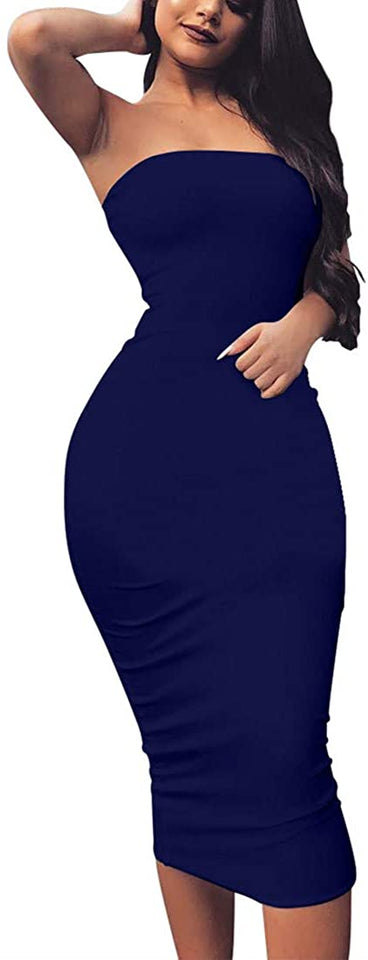 Women's Basic Sleeveless Tube Top Sexy Strapless Bodycon Midi Club Dress