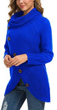 Women's Solid Color Chunky Button Pullover Sweater Turtle Cowl Neck Asymmetric Hem Knit Sweater