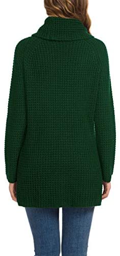 Women's Solid Color Chunky Button Pullover Sweater Turtle Cowl Neck Asymmetric Hem Knit Sweater