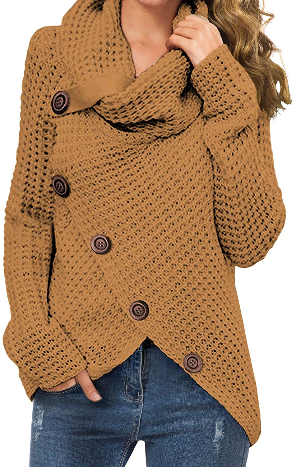 Women's Solid Color Chunky Button Pullover Sweater Turtle Cowl Neck Asymmetric Hem Knit Sweater
