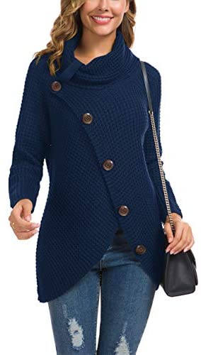 Women's Solid Color Chunky Button Pullover Sweater Turtle Cowl Neck Asymmetric Hem Knit Sweater