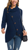 Women's Solid Color Chunky Button Pullover Sweater Turtle Cowl Neck Asymmetric Hem Knit Sweater
