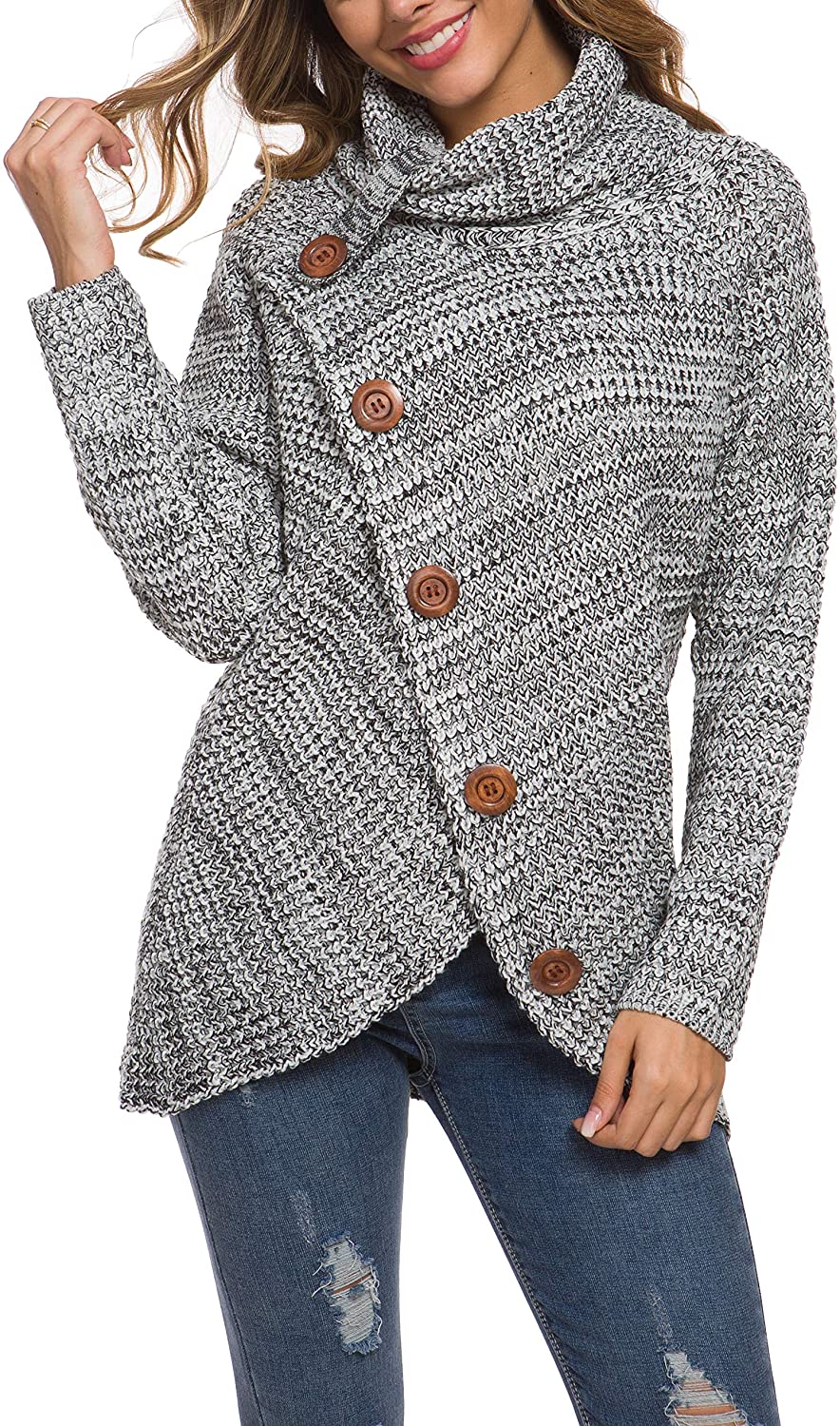 Women's Solid Color Chunky Button Pullover Sweater Turtle Cowl Neck Asymmetric Hem Knit Sweater