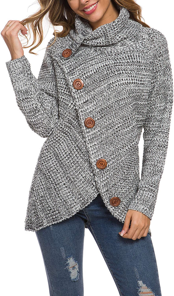 Women's Solid Color Chunky Button Pullover Sweater Turtle Cowl Neck Asymmetric Hem Knit Sweater