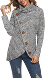 Women's Solid Color Chunky Button Pullover Sweater Turtle Cowl Neck Asymmetric Hem Knit Sweater