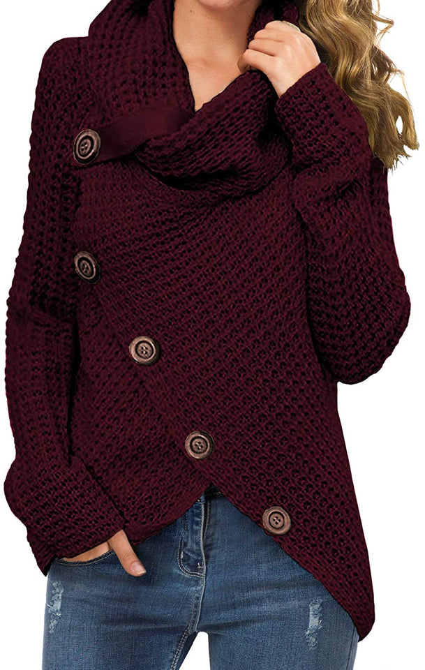 Women's Solid Color Chunky Button Pullover Sweater Turtle Cowl Neck Asymmetric Hem Knit Sweater