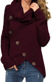 Women's Solid Color Chunky Button Pullover Sweater Turtle Cowl Neck Asymmetric Hem Knit Sweater