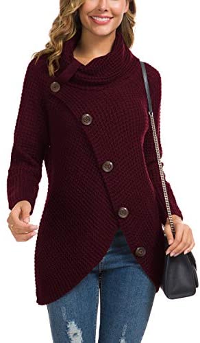 Women's Solid Color Chunky Button Pullover Sweater Turtle Cowl Neck Asymmetric Hem Knit Sweater