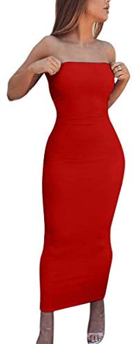 Women's Basic Sleeveless Tube Top Sexy Strapless Bodycon Midi Club Dress