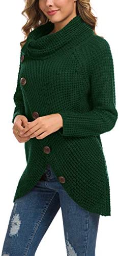 Women's Solid Color Chunky Button Pullover Sweater Turtle Cowl Neck Asymmetric Hem Knit Sweater