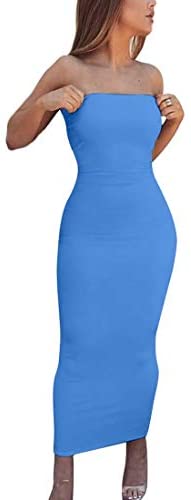 Women's Basic Sleeveless Tube Top Sexy Strapless Bodycon Midi Club Dress