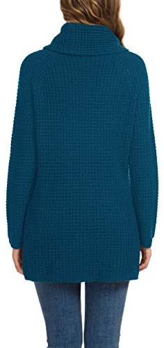 Women's Solid Color Chunky Button Pullover Sweater Turtle Cowl Neck Asymmetric Hem Knit Sweater