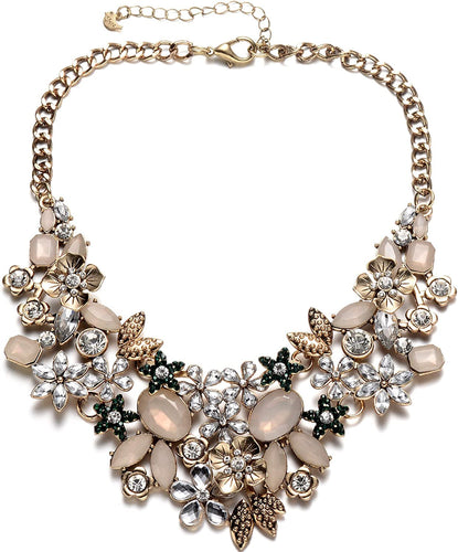 Antique Gold Bib Statement Necklace with Crystal Flower Cluster for Women Weddings Prom