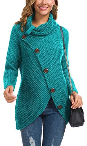 Women's Solid Color Chunky Button Pullover Sweater Turtle Cowl Neck Asymmetric Hem Knit Sweater