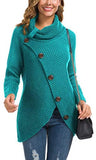 Women's Solid Color Chunky Button Pullover Sweater Turtle Cowl Neck Asymmetric Hem Knit Sweater