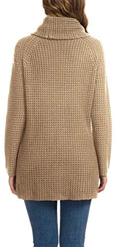 Women's Solid Color Chunky Button Pullover Sweater Turtle Cowl Neck Asymmetric Hem Knit Sweater