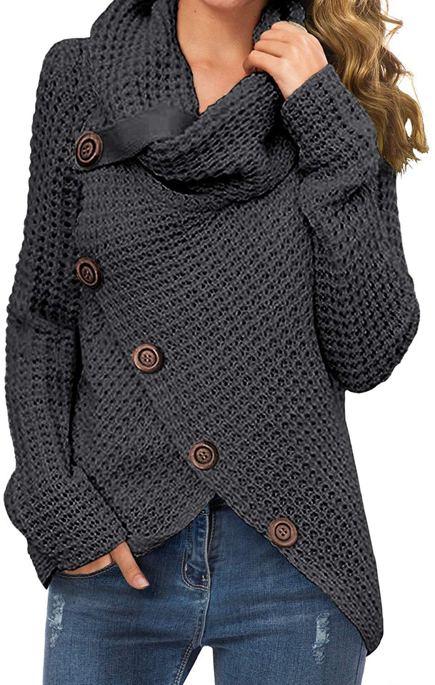 Women's Solid Color Chunky Button Pullover Sweater Turtle Cowl Neck Asymmetric Hem Knit Sweater