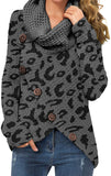 Women's Solid Color Chunky Button Pullover Sweater Turtle Cowl Neck Asymmetric Hem Knit Sweater
