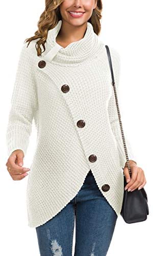 Women's Solid Color Chunky Button Pullover Sweater Turtle Cowl Neck Asymmetric Hem Knit Sweater