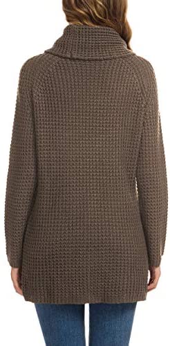 Women's Solid Color Chunky Button Pullover Sweater Turtle Cowl Neck Asymmetric Hem Knit Sweater