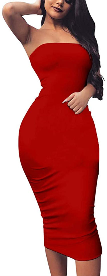 Women's Basic Sleeveless Tube Top Sexy Strapless Bodycon Midi Club Dress