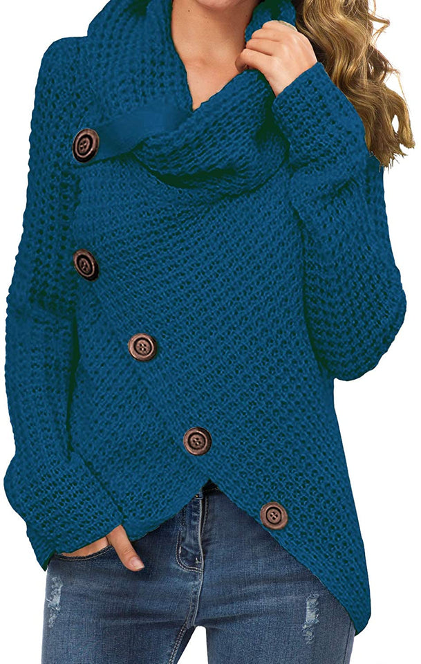 Women's Solid Color Chunky Button Pullover Sweater Turtle Cowl Neck Asymmetric Hem Knit Sweater