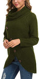 Women's Solid Color Chunky Button Pullover Sweater Turtle Cowl Neck Asymmetric Hem Knit Sweater