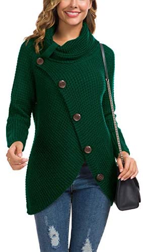 Women's Solid Color Chunky Button Pullover Sweater Turtle Cowl Neck Asymmetric Hem Knit Sweater