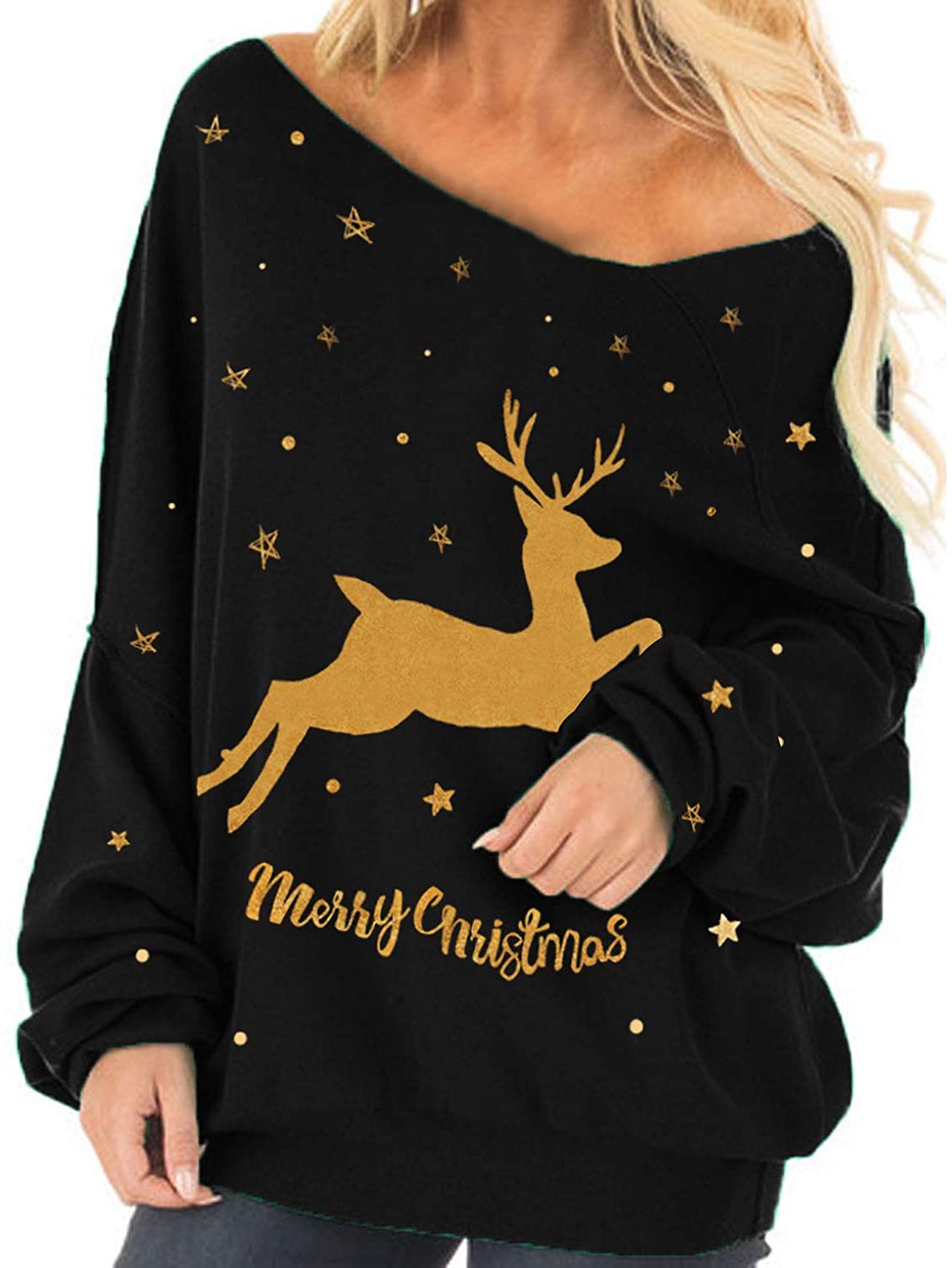 Womens Off The Shoulder Tops Baggy Shirt Long Sleeve Blouse Oversized Sweater Jumper Pullover