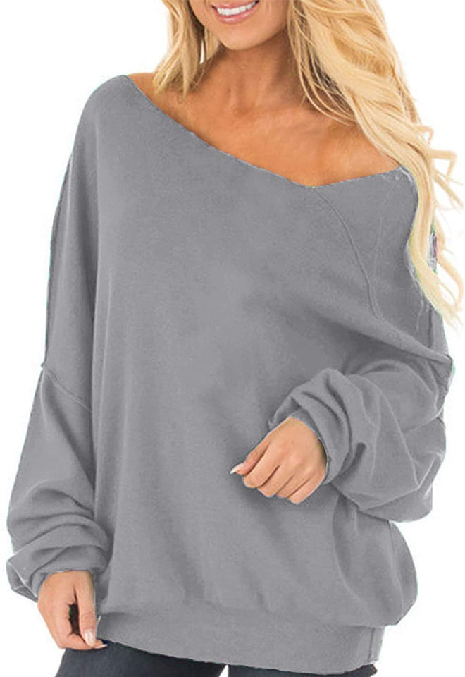 Womens Off The Shoulder Tops Baggy Shirt Long Sleeve Blouse Oversized Sweater Jumper Pullover