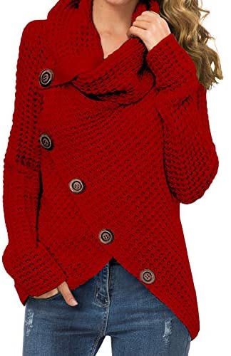 Women's Solid Color Chunky Button Pullover Sweater Turtle Cowl Neck Asymmetric Hem Knit Sweater