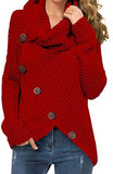 Women's Solid Color Chunky Button Pullover Sweater Turtle Cowl Neck Asymmetric Hem Knit Sweater