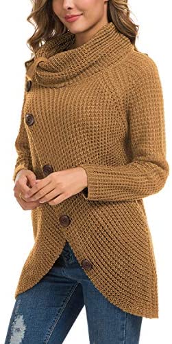 Women's Solid Color Chunky Button Pullover Sweater Turtle Cowl Neck Asymmetric Hem Knit Sweater