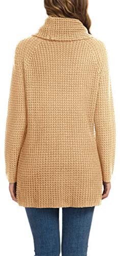 Women's Solid Color Chunky Button Pullover Sweater Turtle Cowl Neck Asymmetric Hem Knit Sweater