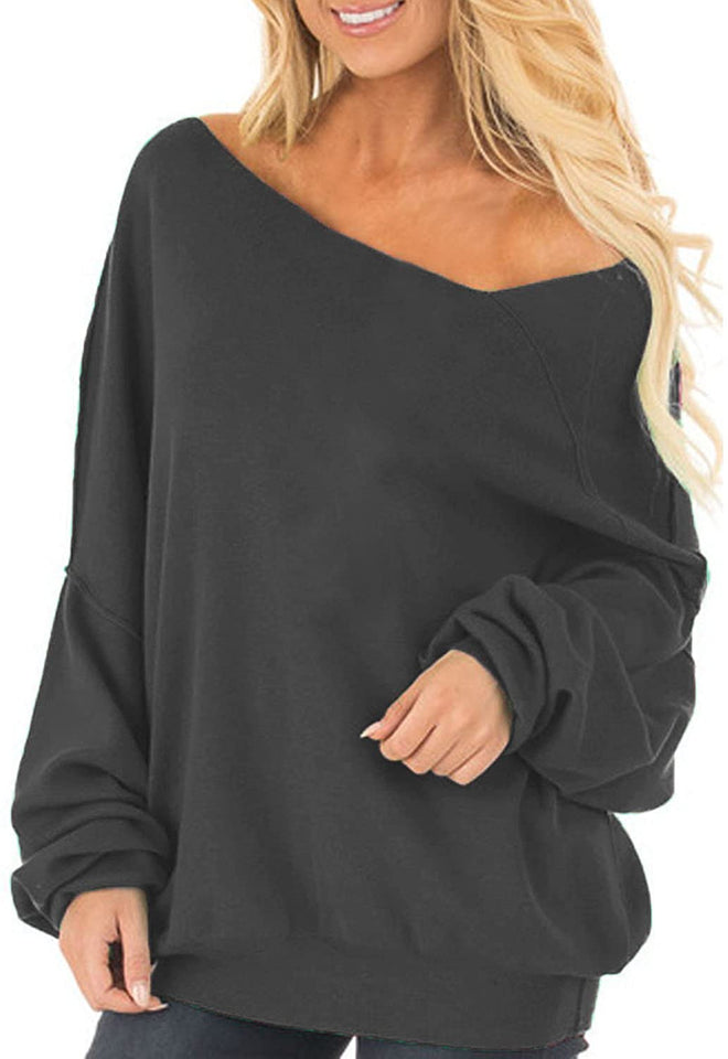 Womens Off The Shoulder Tops Baggy Shirt Long Sleeve Blouse Oversized Sweater Jumper Pullover