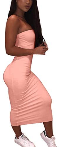 Women's Basic Sleeveless Tube Top Sexy Strapless Bodycon Midi Club Dress