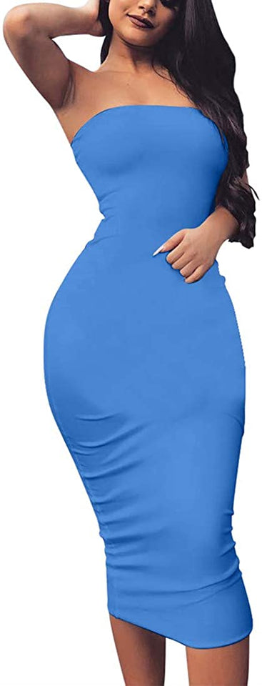 Women's Basic Sleeveless Tube Top Sexy Strapless Bodycon Midi Club Dress
