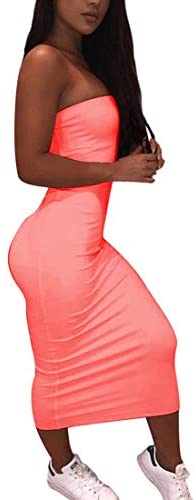 Women's Basic Sleeveless Tube Top Sexy Strapless Bodycon Midi Club Dress