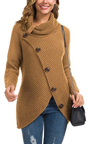 Women's Solid Color Chunky Button Pullover Sweater Turtle Cowl Neck Asymmetric Hem Knit Sweater