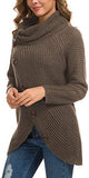 Women's Solid Color Chunky Button Pullover Sweater Turtle Cowl Neck Asymmetric Hem Knit Sweater